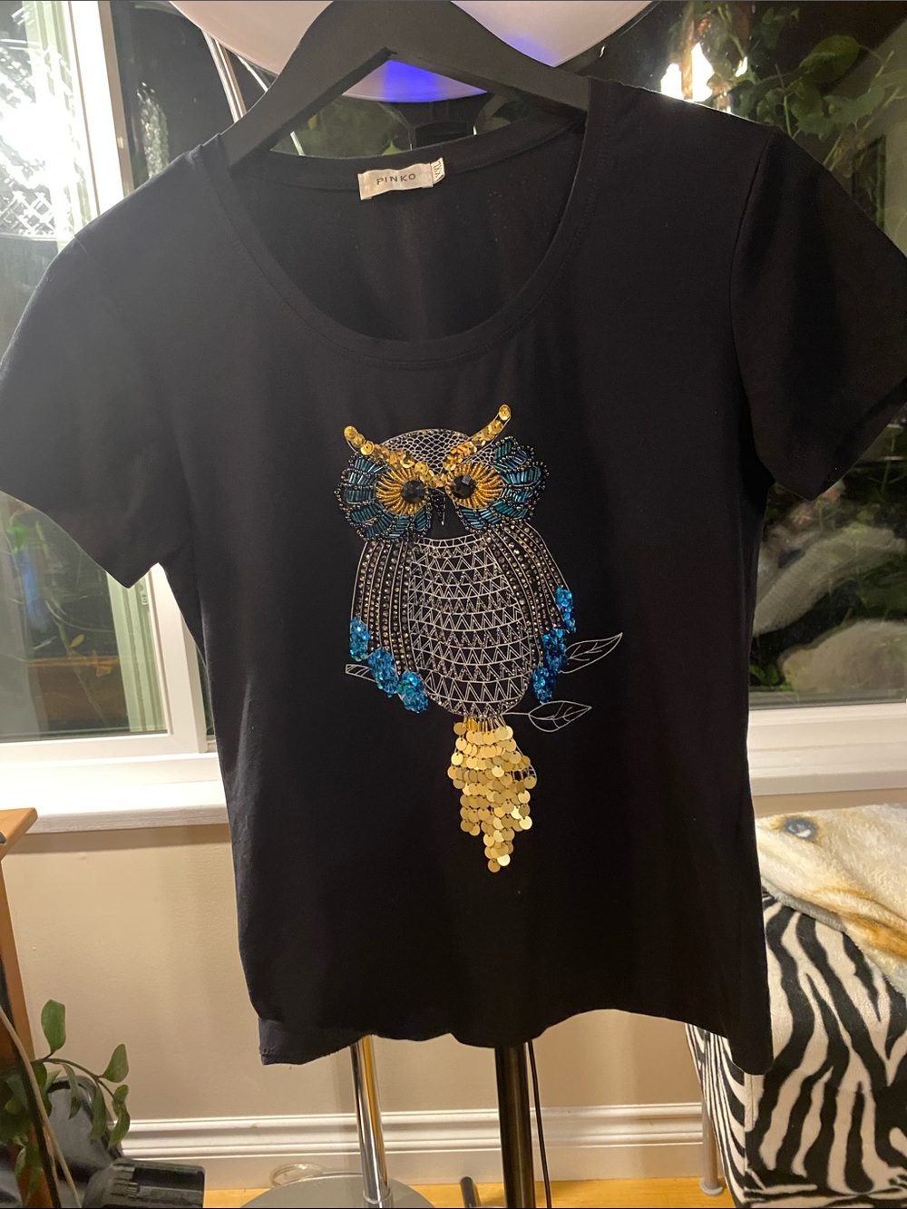 Pinko Black Short Sleeve Tee with Gold and Blue Sequin Owl